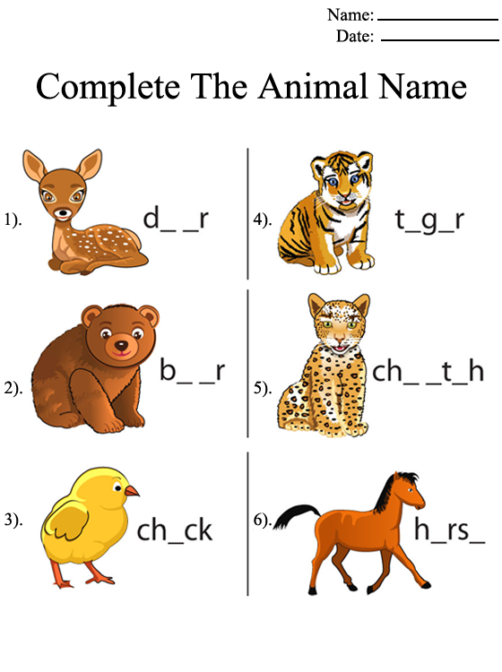 Fill in Animal Names Printable Worksheets