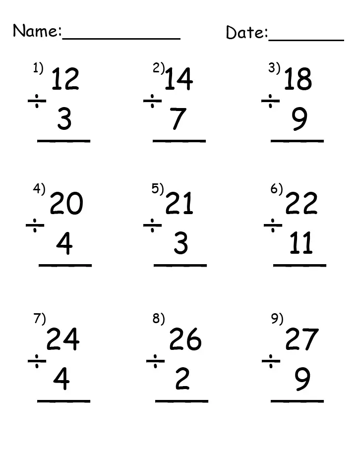 division up to 27 printable worksheets