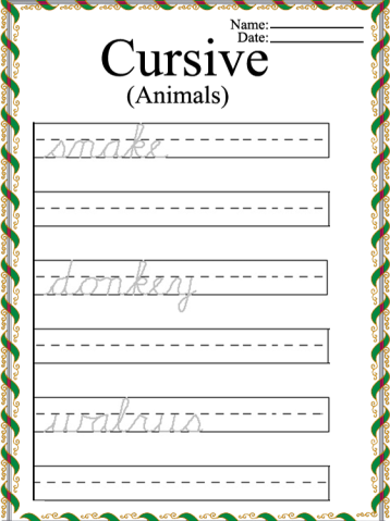 Printable Animal Words Cursive Worksheets