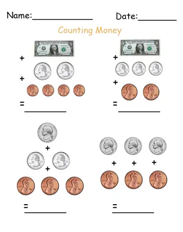 Counting Dollars and Cents Printable Worksheets 